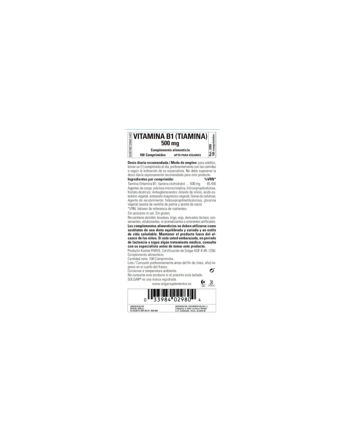 SOLGAR VITAMINA B1 500 MG 100 COMPRIMIDOS 2 SOLGAR VITAMINA B1 500 MG 100 COMPRIMIDOS - Imagen 2